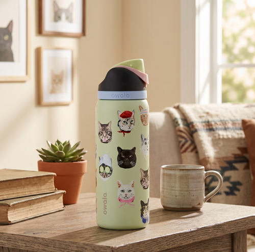 Owala FreeSip Water Bottle – Cat Collage Print, 32oz Insulated Stainless Steel
