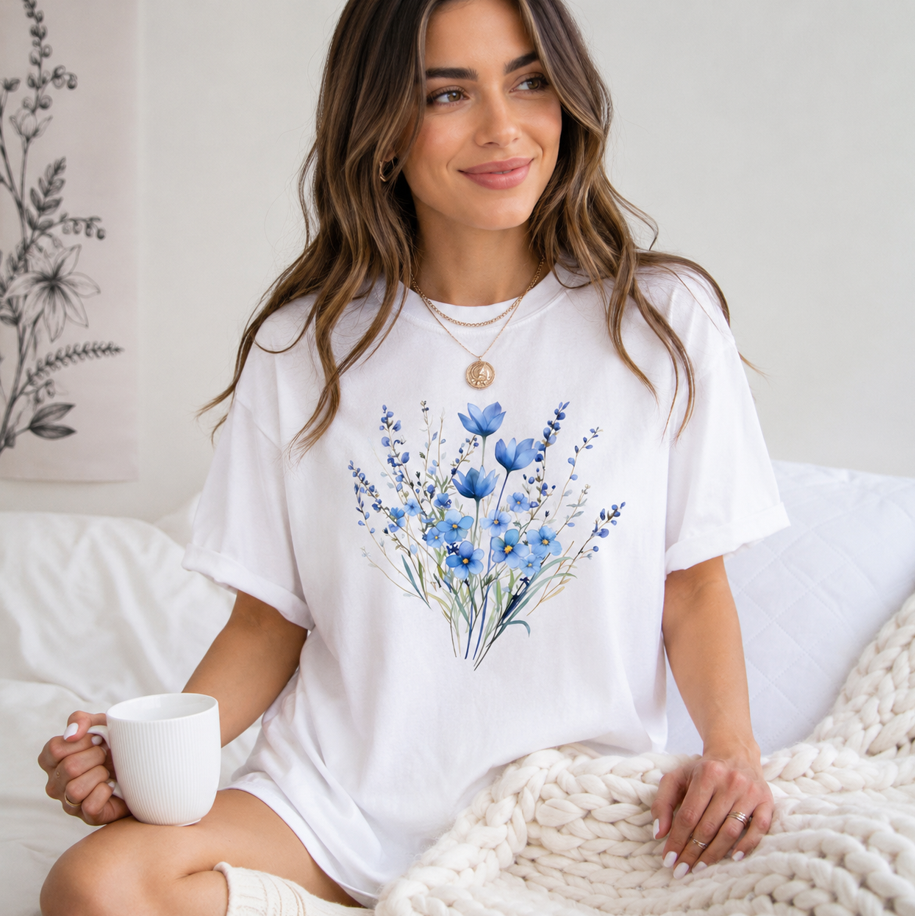 Aesthetic Blue Flowers Watercolor T-Shirt - Comfortable Cotton Graphic Tee