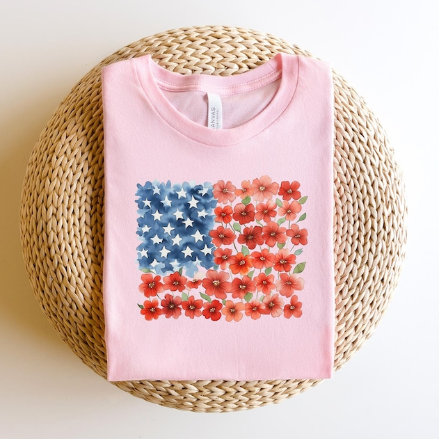 Floral American Flag Shirt, Patriotic Flower T-Shirt, Red Poppy Flag Shirt, Women's Independence Day Gift