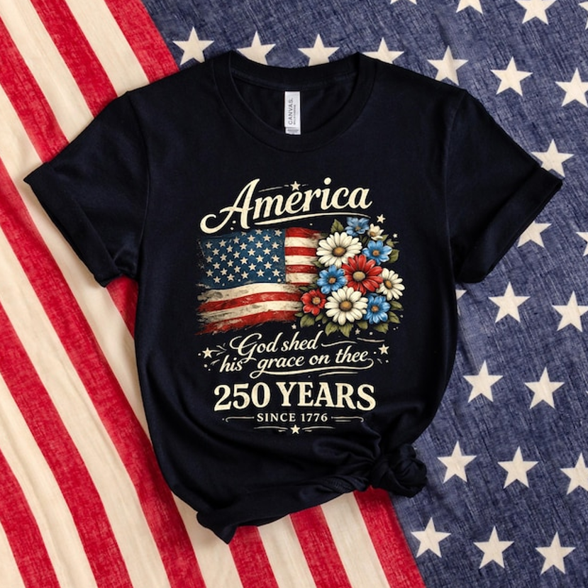 America 250 Years Flag Floral Graphic Tshirt, Celebrate 250th Anniversary Tee, Patriot Gifted Shirt, 4th Of July Patriotism Top