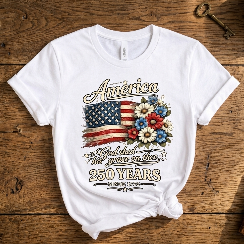 America 250 Years Flag Floral Graphic Tshirt, Celebrate 250th Anniversary Tee, Patriot Gifted Shirt, 4th Of July Patriotism Top