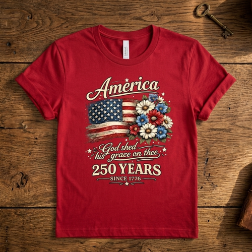 America 250 Years Flag Floral Graphic Tshirt, Celebrate 250th Anniversary Tee, Patriot Gifted Shirt, 4th Of July Patriotism Top