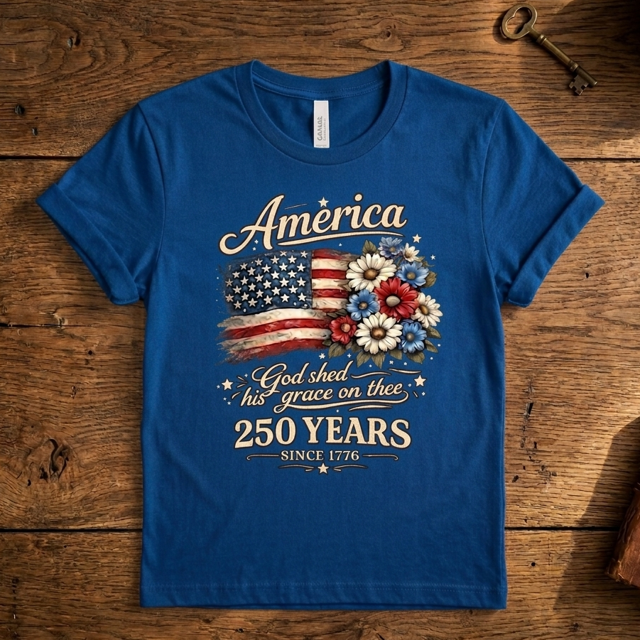 America 250 Years Flag Floral Graphic Tshirt, Celebrate 250th Anniversary Tee, Patriot Gifted Shirt, 4th Of July Patriotism Top