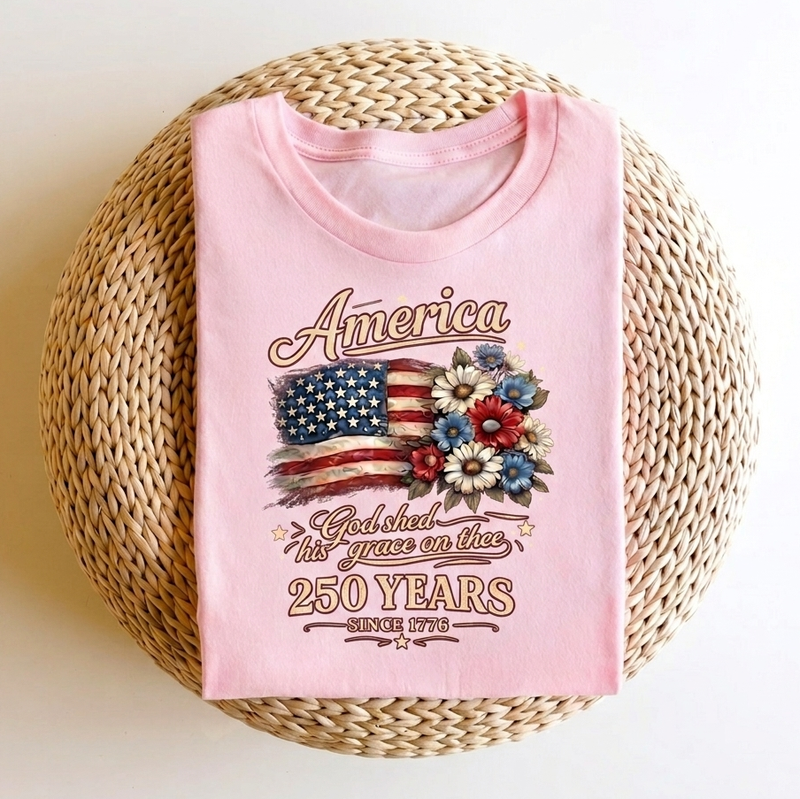 America 250 Years Flag Floral Graphic Tshirt, Celebrate 250th Anniversary Tee, Patriot Gifted Shirt, 4th Of July Patriotism Top