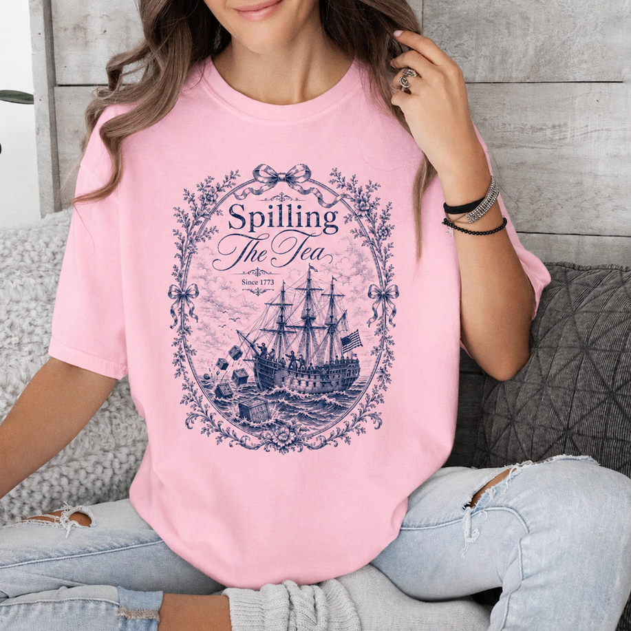Vintage Blue Toile Spilling The Tea Since 1773 Shirt,4th of July Party TShirt, 250th Anniversary USA Patriotic Shirt, Independence Day Tee