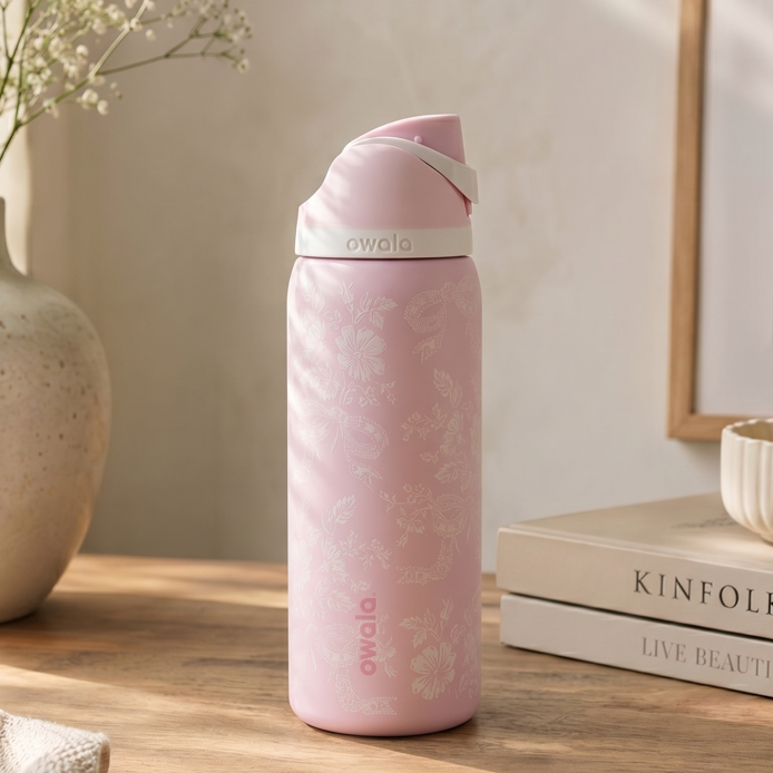 Owala FreeSip 32oz Stainless Steel Water Bottle | Urban Outfitters Exclusive Pink Ribbon Toile