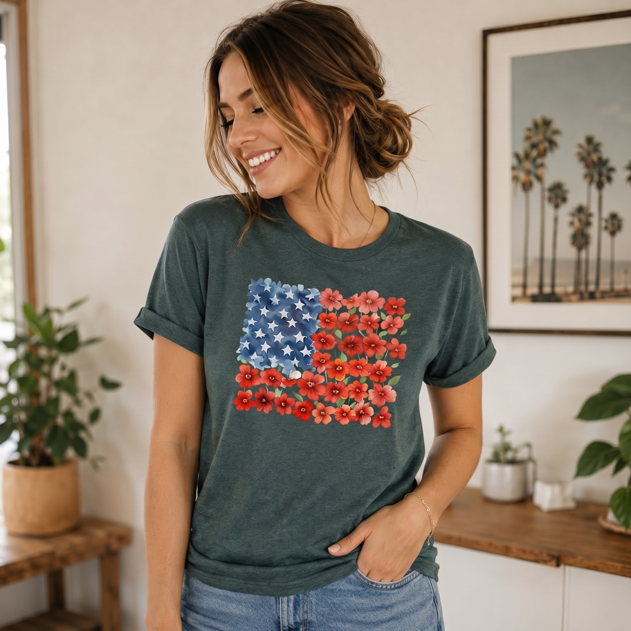Floral American Flag Shirt, Patriotic Flower T-Shirt, Red Poppy Flag Shirt, Women's Independence Day Gift
