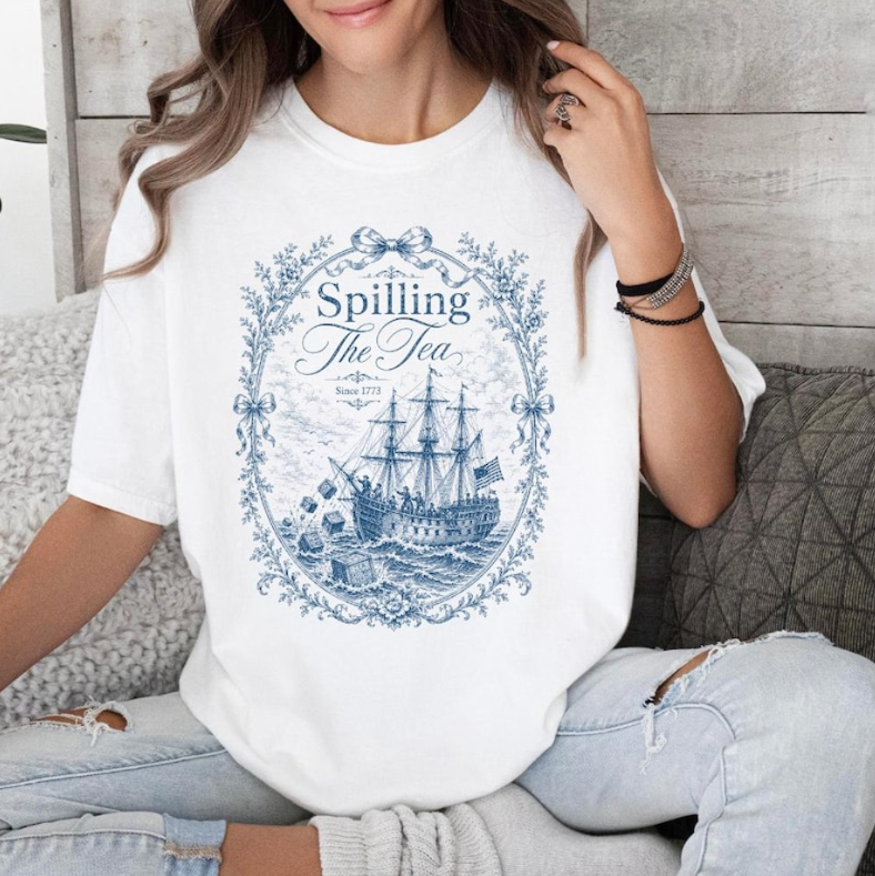 Vintage Blue Toile Spilling The Tea Since 1773 Shirt,4th of July Party TShirt, 250th Anniversary USA Patriotic Shirt, Independence Day Tee