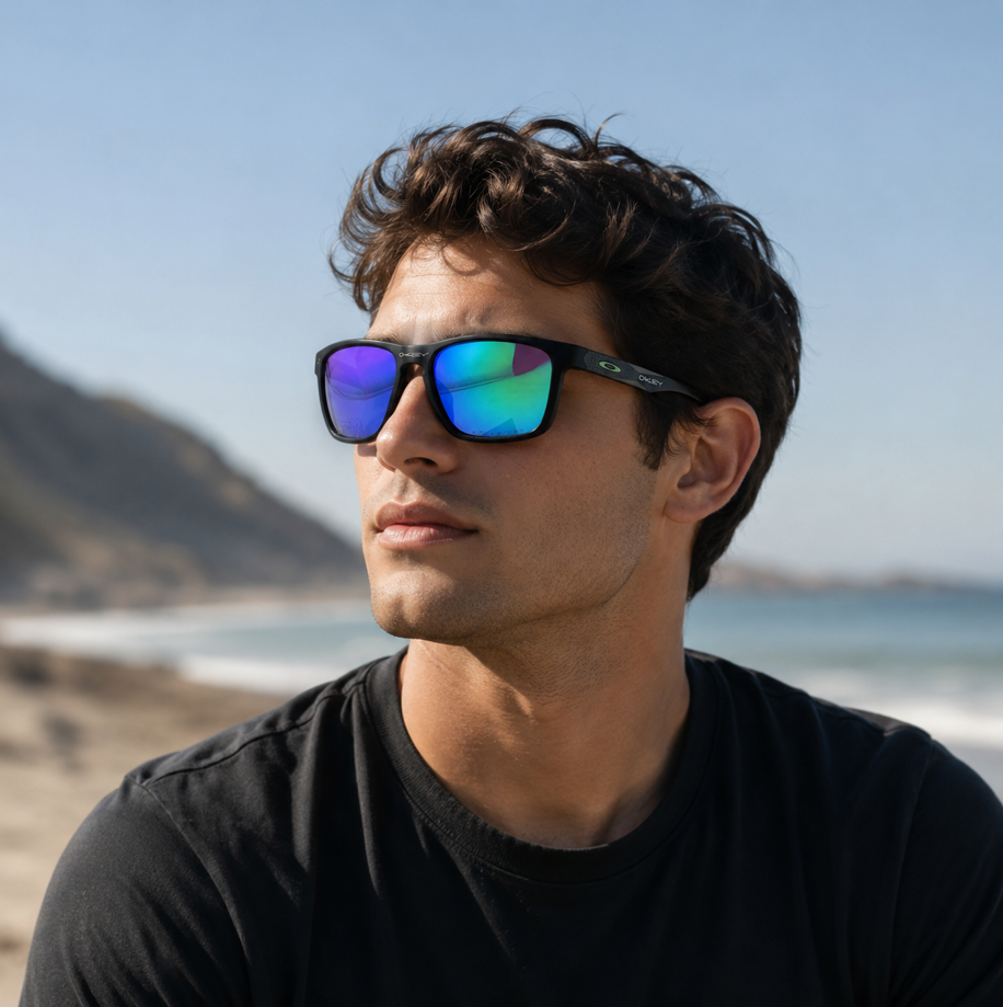 Oakley Holbrook Polarized Sunglasses - Matte Black Frame with Blue Mirror Lenses