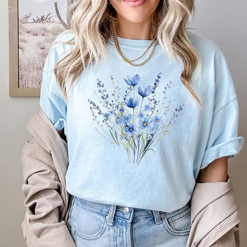 Aesthetic Blue Flowers Watercolor T-Shirt - Comfortable Cotton Graphic Tee