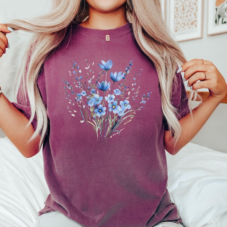 Aesthetic Blue Flowers Watercolor T-Shirt - Comfortable Cotton Graphic Tee