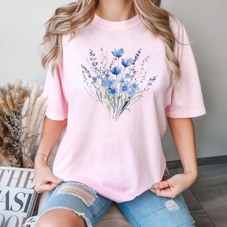Aesthetic Blue Flowers Watercolor T-Shirt - Comfortable Cotton Graphic Tee