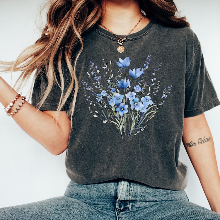 Aesthetic Blue Flowers Watercolor T-Shirt - Comfortable Cotton Graphic Tee