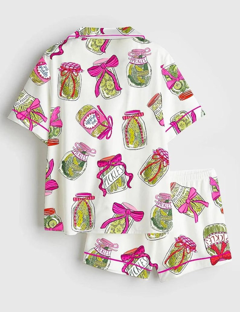 Pickle Lover Pajama Set with Pink Bows, Satin Pajama Pickle Lover Bow Nightwear Women Gift, Sleepwear Pickle Set