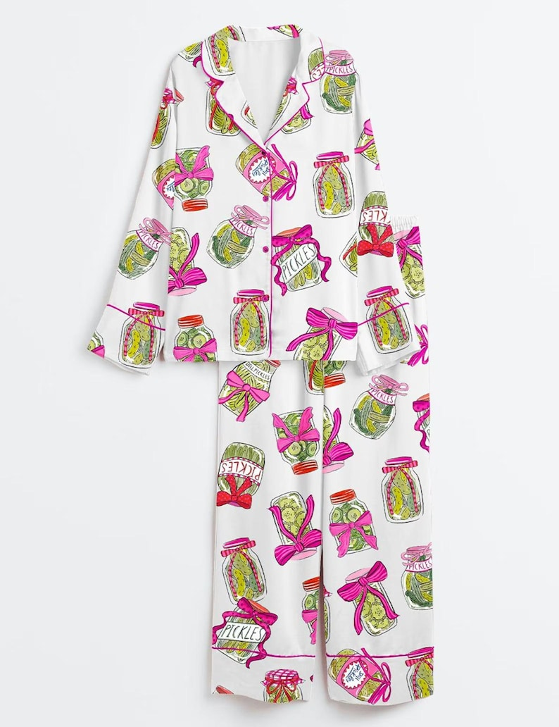 Pickle Lover Pajama Set with Pink Bows, Satin Pajama Pickle Lover Bow Nightwear Women Gift, Sleepwear Pickle Set