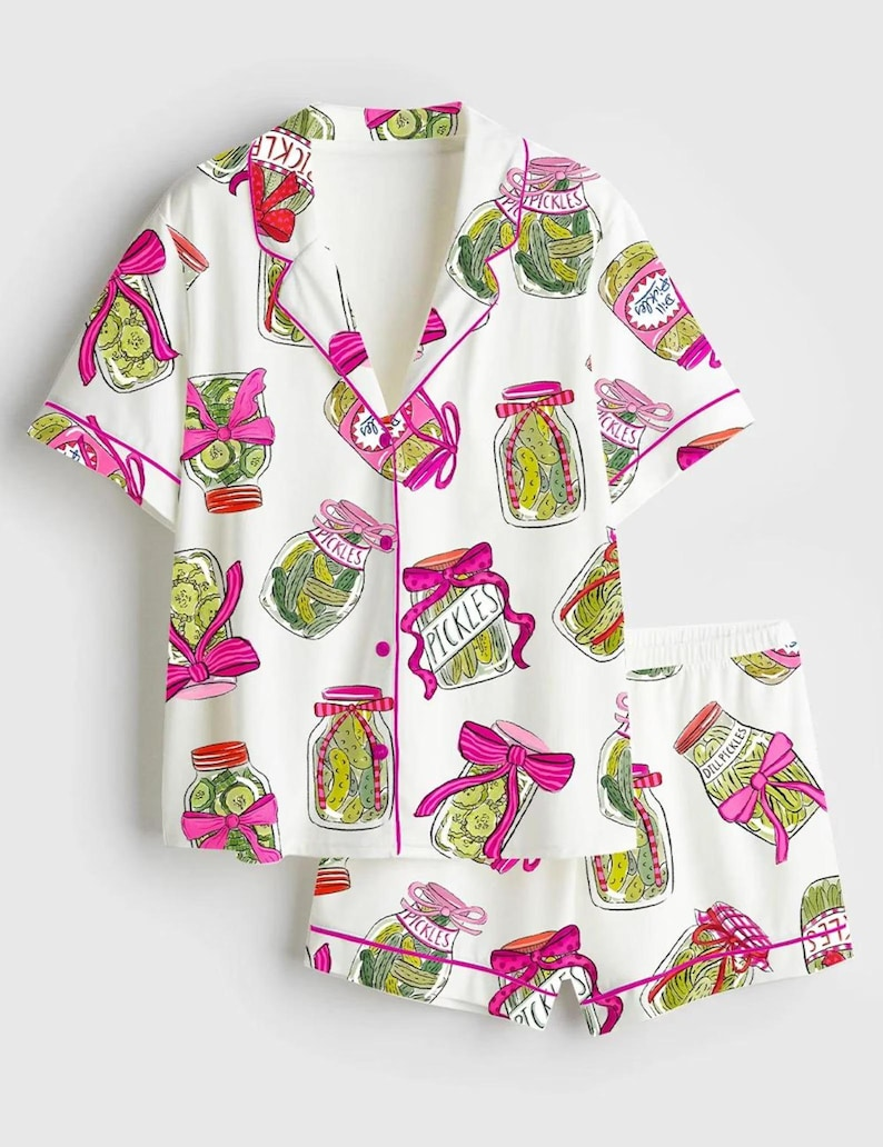 Pickle Lover Pajama Set with Pink Bows, Satin Pajama Pickle Lover Bow Nightwear Women Gift, Sleepwear Pickle Set