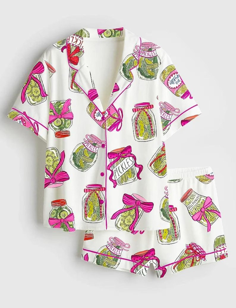 Pickle Lover Pajama Set with Pink Bows, Satin Pajama Pickle Lover Bow Nightwear Women Gift, Sleepwear Pickle Set