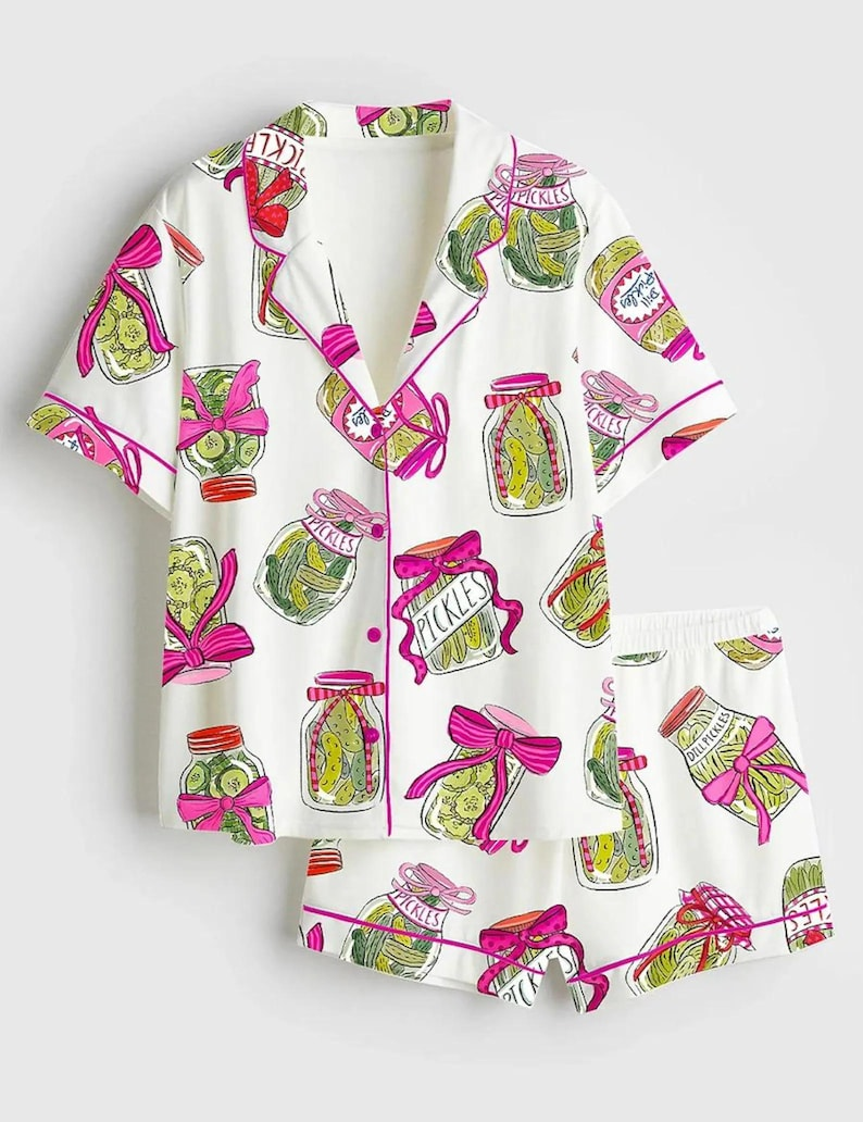 Pickle Lover Pajama Set with Pink Bows, Satin Pajama Pickle Lover Bow Nightwear Women Gift, Sleepwear Pickle Set